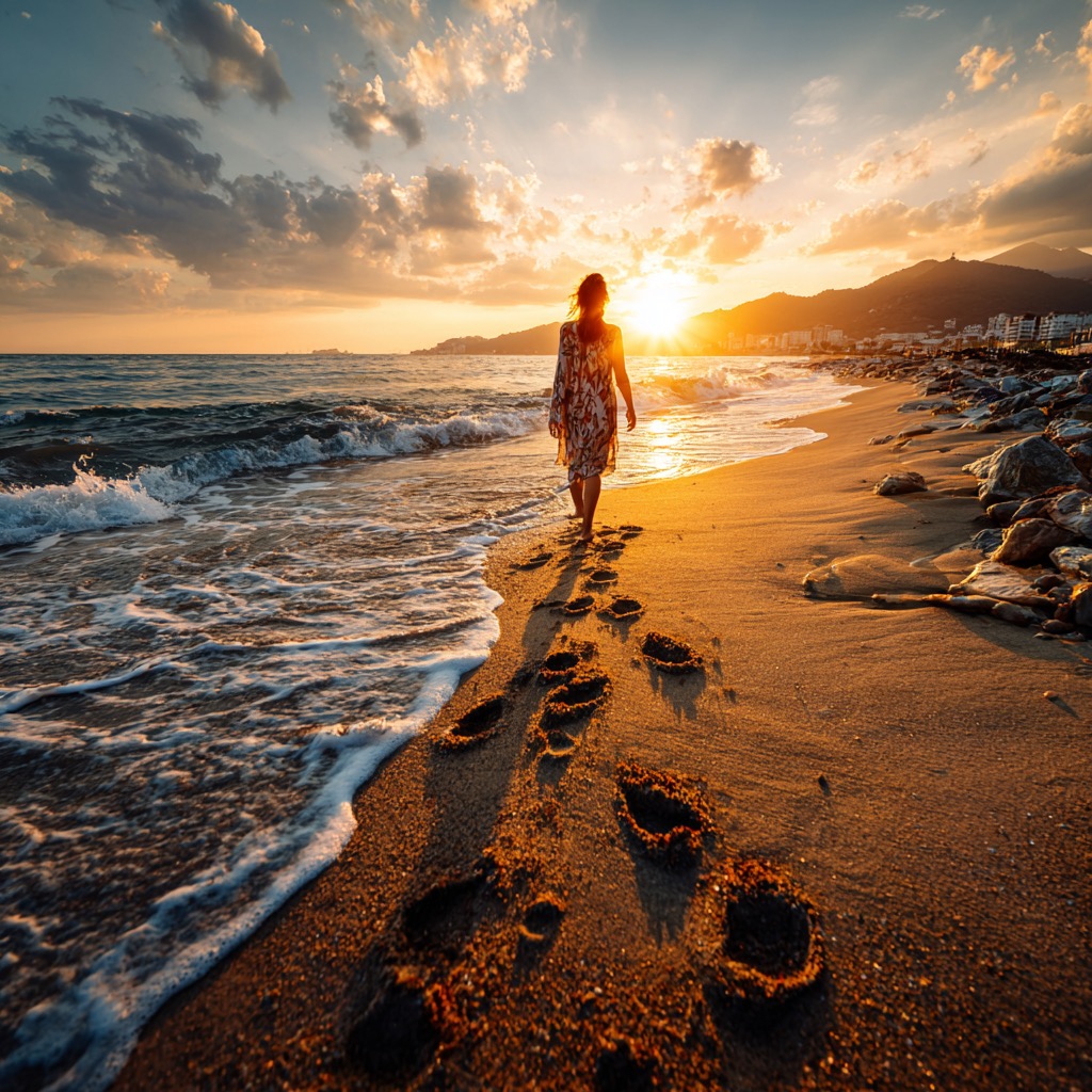 A woman walking alone along a beach at dawn, footprints trailing behind her under a warm sunrise sky